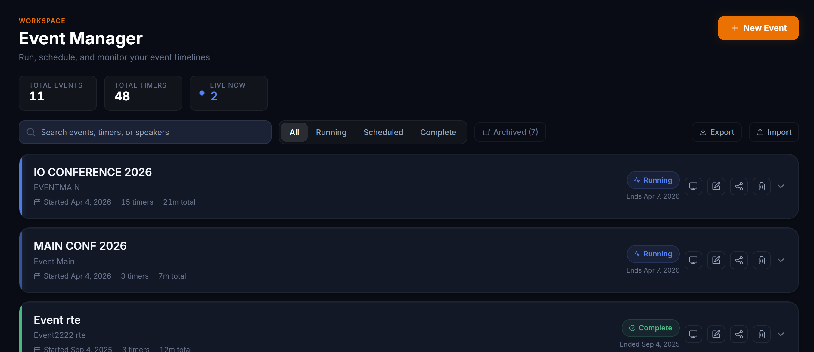 EventTimer Event Manager dashboard showing events, timers, and live controls