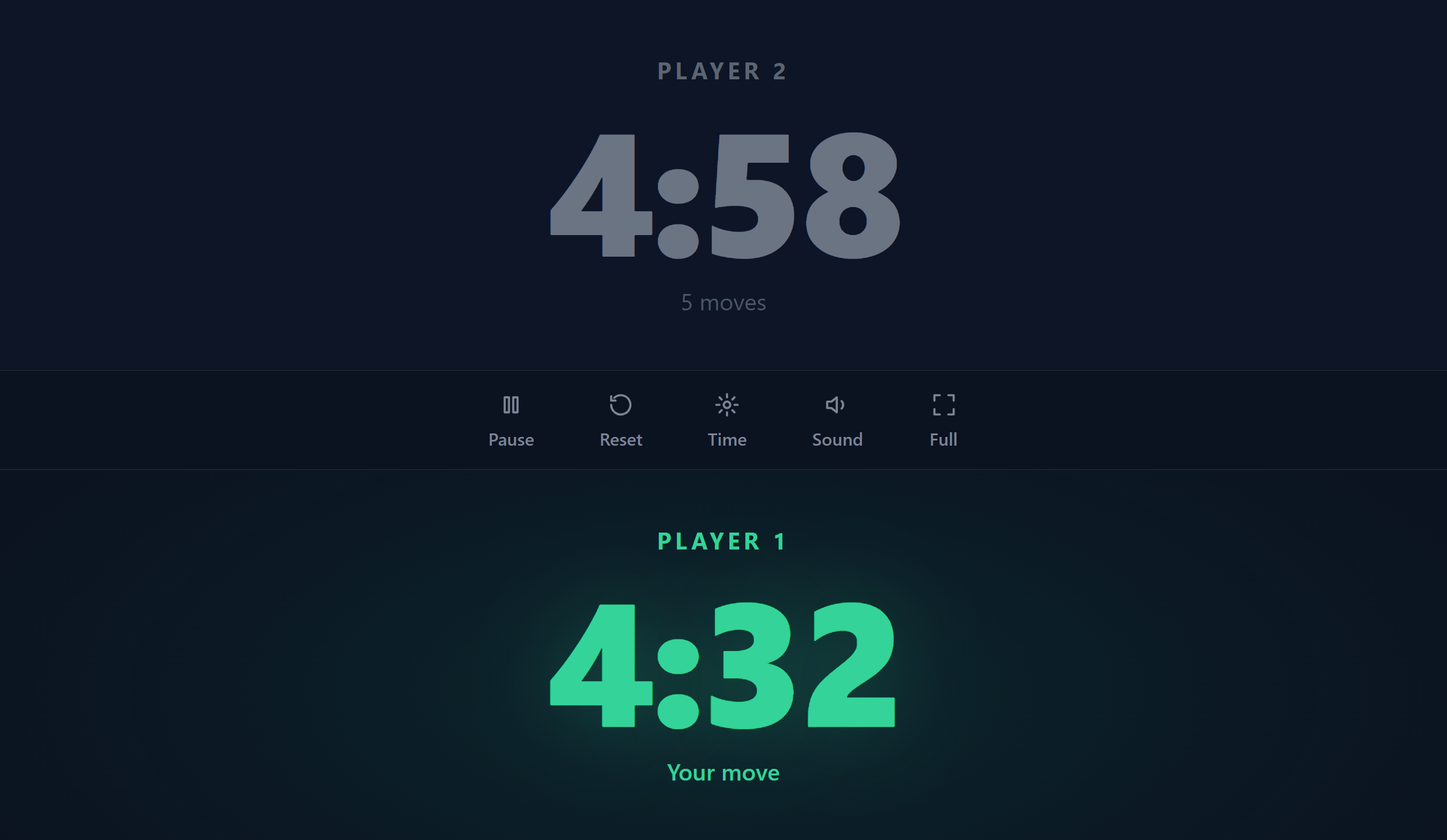 The online chess clock with two player time banks, the active player's clock counting down and highlighted