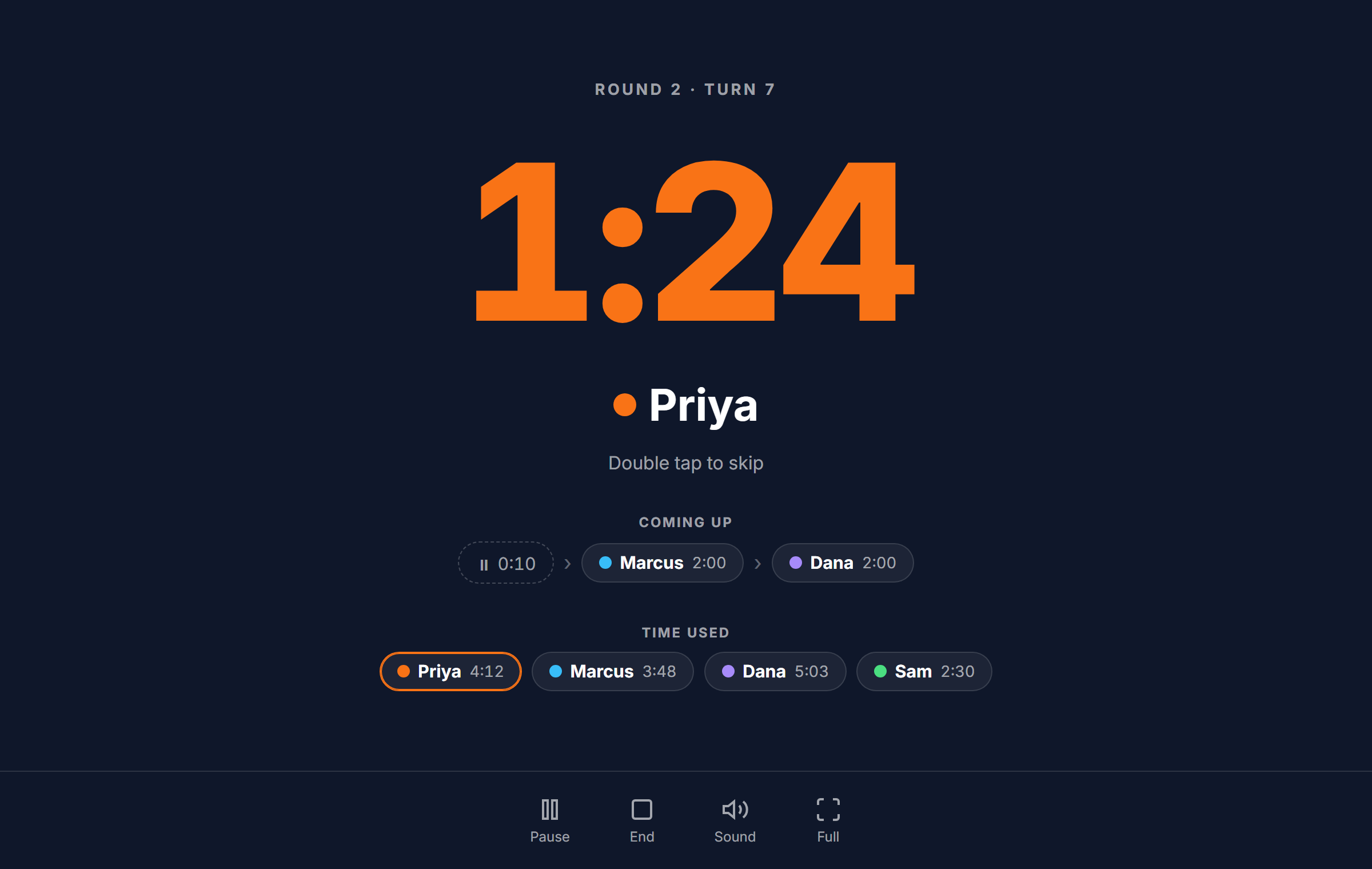 The board game turn timer running: a large countdown for the active player, the upcoming turns queued, and the time used by each player so far