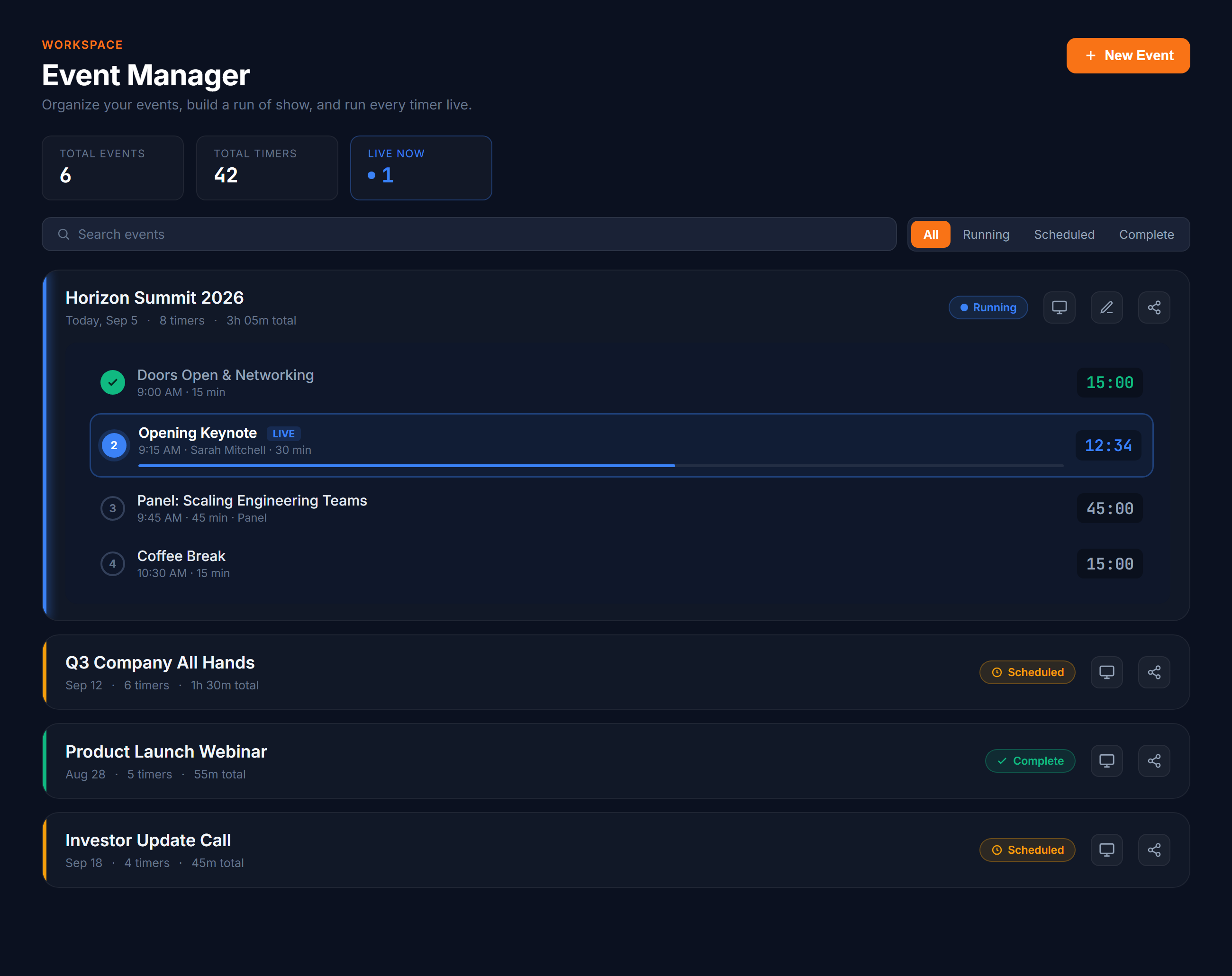 EventTimer Event Manager dashboard showing events, timers, and live controls