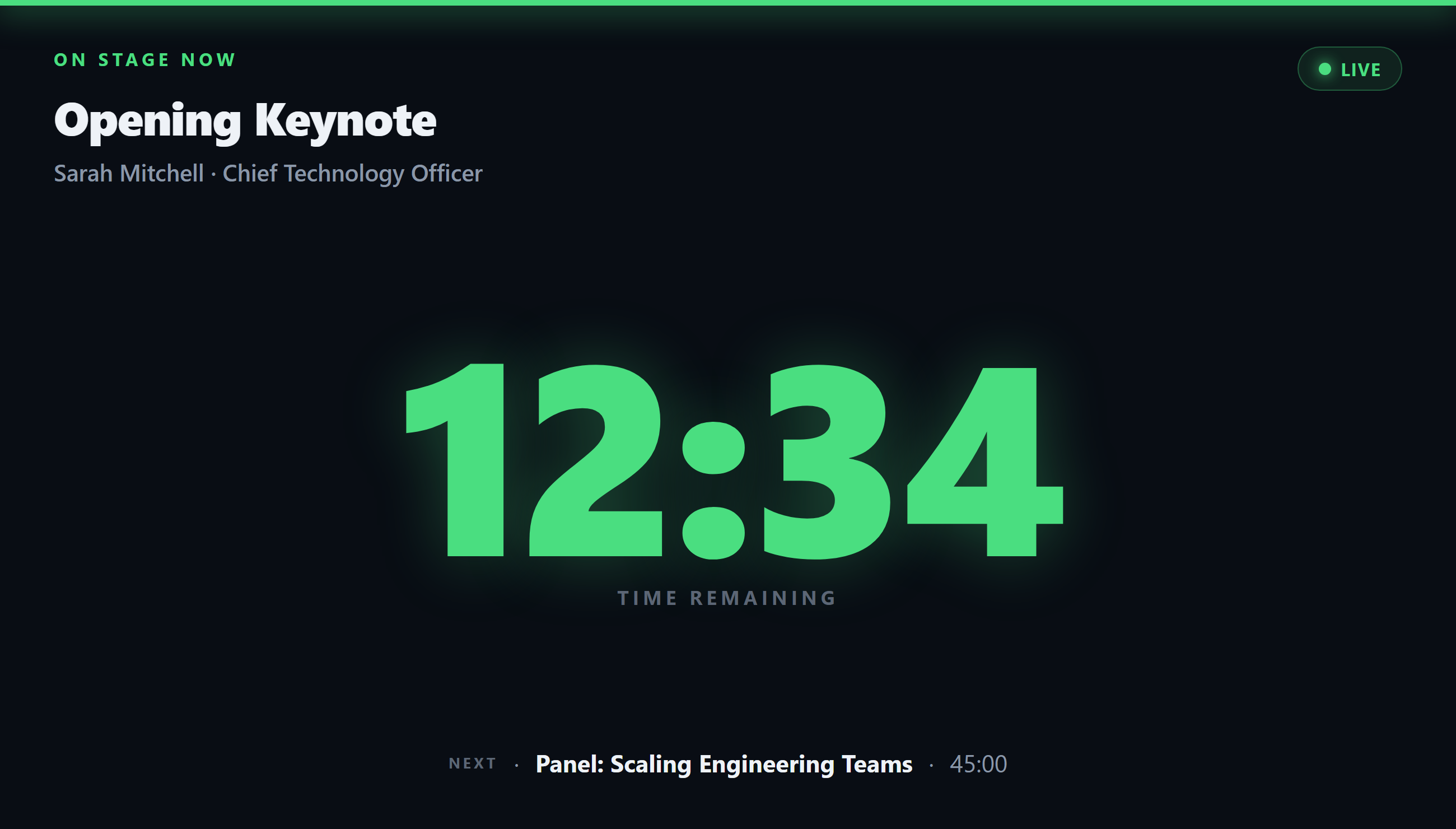 Presenter confidence monitor with large color coded time remaining and the next segment