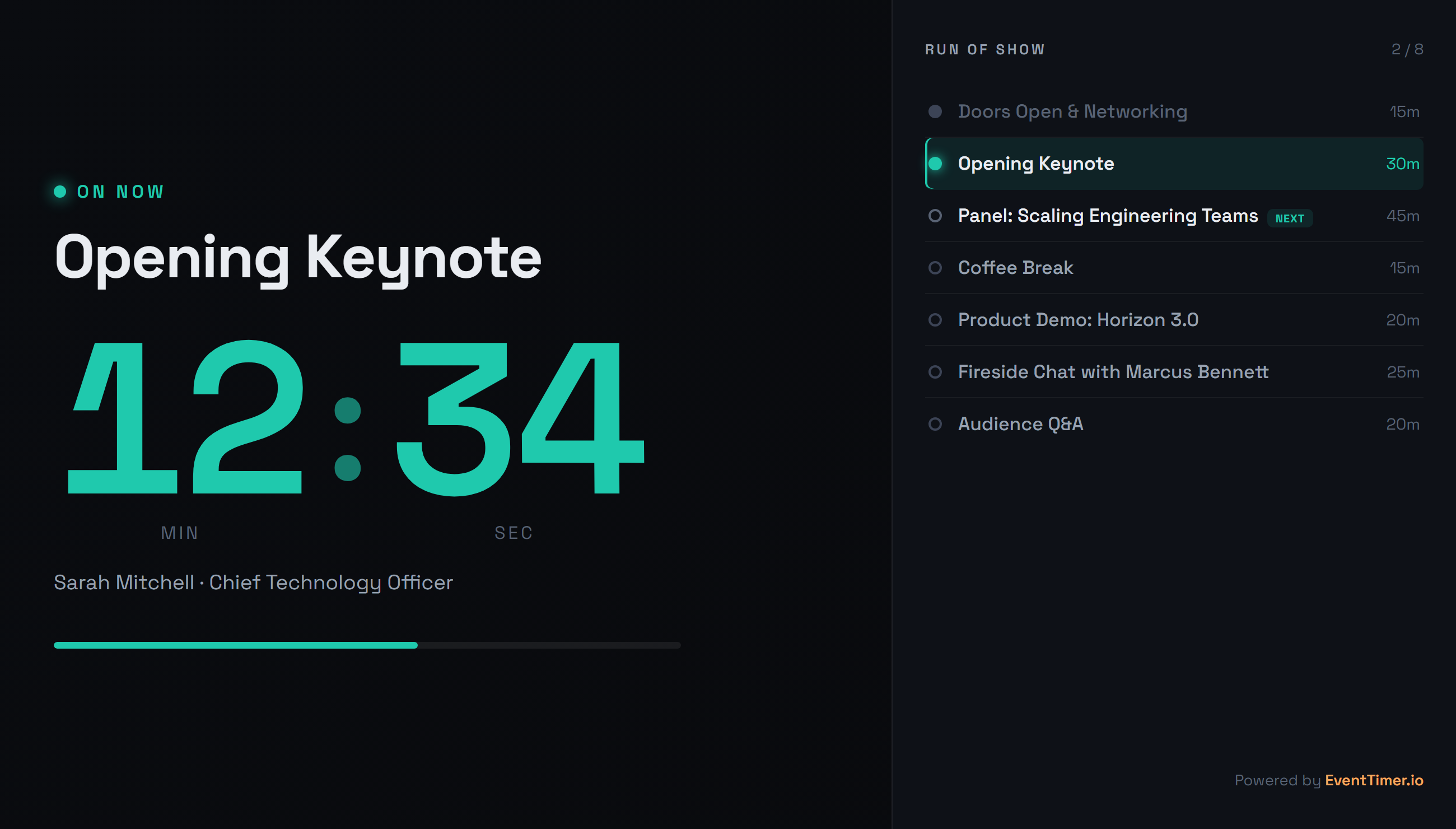 Audience room display with a large countdown split into minutes and seconds beside the run of show